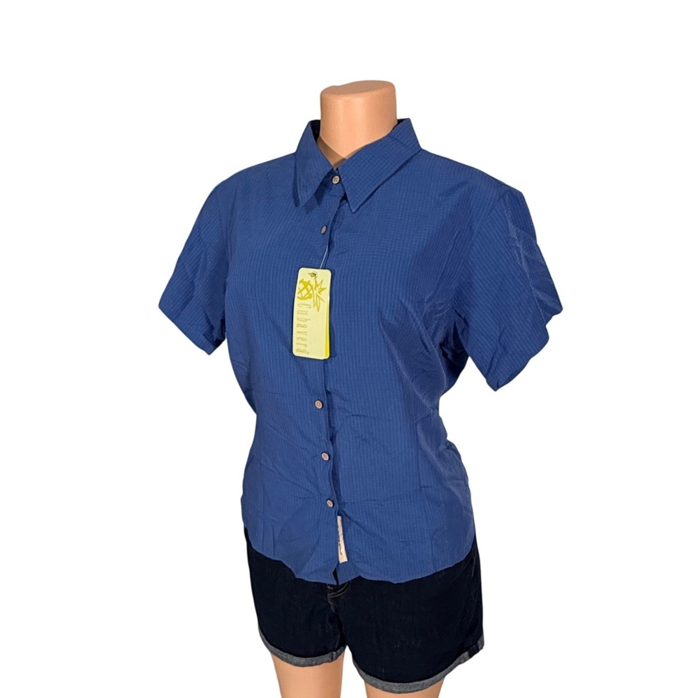 Cubavera Button Up Blouse Women XL Blue NEW Short Sleeve Textured C3S0988
